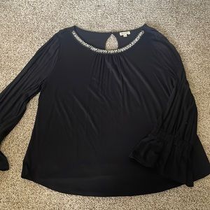 Black Bedazzled Bell-Sleeve Blouse